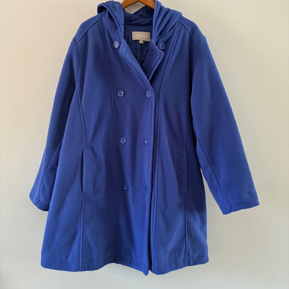 Woman Within Pea Coat Womens 30W Blue Fleece Hooded Quilted Lined Double Breast